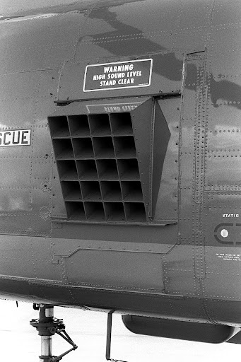 Fourteen-hundred-watt AEM-SYS-2 sound system loudspeaker on the outside of an HH-46A Sea Knight helicopter.  The sound system is generally referred to as the Loud Hailer and is useful during search and rescue (SAR) operations.