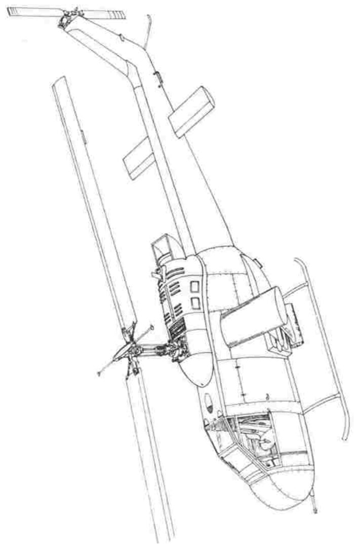 Curved Sketch of a Helicopter With Dimensions on Black