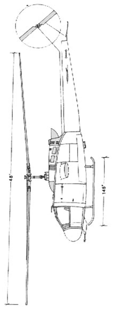 Side Sketch of a Helicopter With Dimensions on Black
