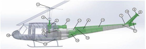 A helicopter with many parts labeled on it.