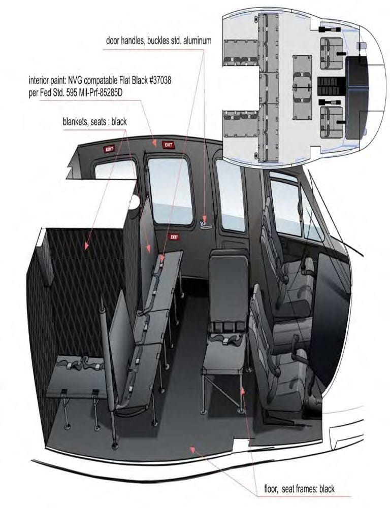 A drawing of the interior of an airplane.